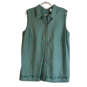 White Stag Women Top SZ 18/20W Linen Blend Pastel Green Embroidered Sleeveless